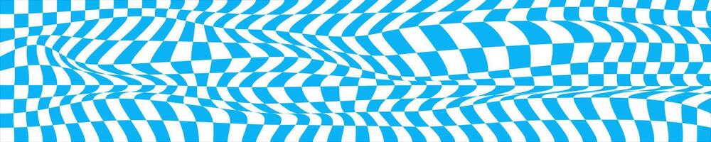 Distorted blue and white chessboard background. Chequered optical illusion effect. Psychedelic pattern with squares. Warped checkerboard texture. vector