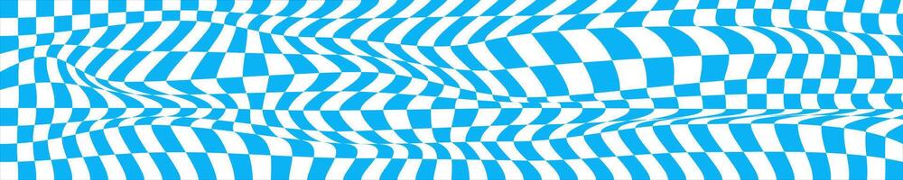 Distorted blue and white chessboard background. Chequered optical illusion effect. Psychedelic pattern with squares. Warped checkerboard texture. vector