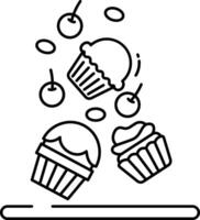 Cupcakes with cherry and gems outline illustration vector