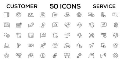 Customer service icon set. Containing customer satisfied, assistance, experience, feedback, operator and technical support icons. Thin outline icons pack. vector