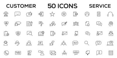 Customer service icon set. Containing customer satisfied, assistance, experience, feedback, operator and technical support icons. Thin outline icons pack. vector