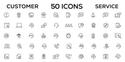 Customer service icon set. Containing customer satisfied, assistance, experience, feedback, operator and technical support icons. Thin outline icons pack. vector