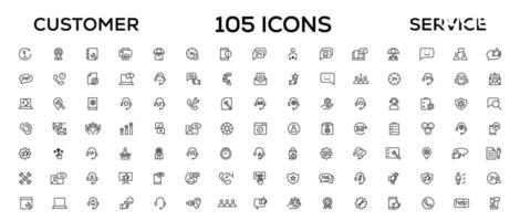 Customer service icon set. Containing customer satisfied, assistance, experience, feedback, operator and technical support icons. Thin outline icons pack. vector