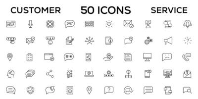 Customer service icon set. Containing customer satisfied, assistance, experience, feedback, operator and technical support icons. Thin outline icons pack. vector