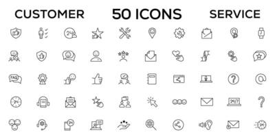 Customer service icon set. Containing customer satisfied, assistance, experience, feedback, operator and technical support icons. Thin outline icons pack. vector