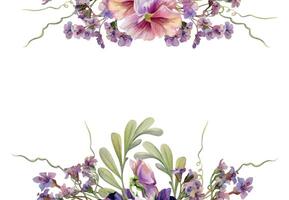Hand drawn watercolor illustration botanical victorian flowers leaves. Mauve pansy viola, locust indigo branch, bergenia heliotrope lungwort, tendrils. Frame isolated on white. Design wedding, cards vector