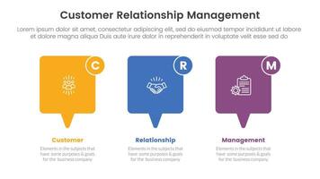 CRM customer relationship management infographic 3 point stage template with callout box horizontal direction for slide presentation vector