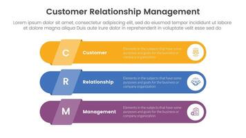 CRM customer relationship management infographic 3 point stage template with long round rectangle shape stack for slide presentation vector