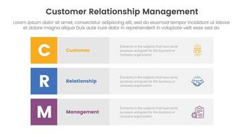 CRM customer relationship management infographic 3 point stage template with 3 block row rectangle content stack for slide presentation vector