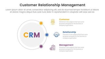 CRM customer relationship management infographic 3 point stage template with outline circle connecting network content for slide presentation vector
