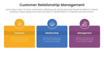 CRM customer relationship management infographic 3 point stage template with round box and circle badge on center with horizontal direction for slide presentation vector