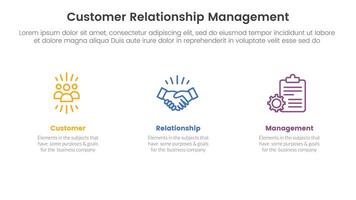 CRM customer relationship management infographic 3 point stage template with clean and simple information on horizontal direction for slide presentation vector