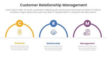 CRM customer relationship management infographic 3 point stage template with half circle shape outline with badge for slide presentation vector