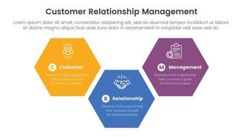 CRM customer relationship management infographic 3 point stage template with big hexagonal up and down shape for slide presentation vector