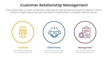 CRM customer relationship management infographic 3 point stage template with big circle outline horizontal for slide presentation vector