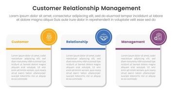 CRM customer relationship management infographic 3 point stage template with big round square box for slide presentation vector