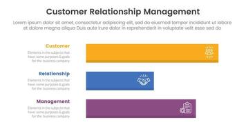 CRM customer relationship management infographic 3 point stage template with horizontal long data box for slide presentation vector