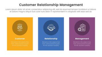 CRM customer relationship management infographic 3 point stage template with vertical rectangle big box for slide presentation vector