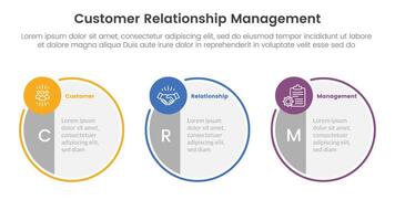 CRM customer relationship management infographic 3 point stage template with big circle symmetric and small circle badge on horizontal direction for slide presentation vector