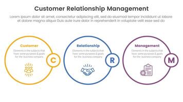 CRM customer relationship management infographic 3 point stage template with horizontal outline circle for slide presentation vector