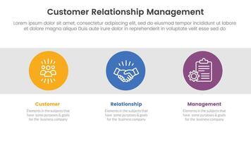 CRM customer relationship management infographic 3 point stage template with icon in horizontal background for slide presentation vector