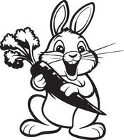 alegre Conejo con zanahorias colorante página para niños vector