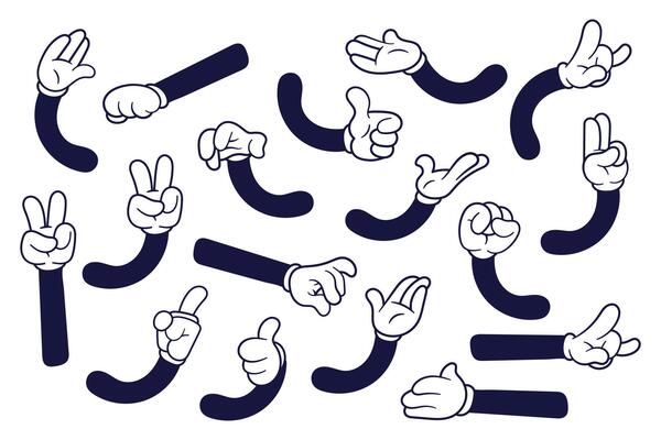 Set of vintage retro cartoon hands showing different gestures. Hand drawn illustration