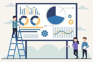 Businessman and businesswoman standing on ladder near whiteboard with infographics. Teamwork and brainstorming concept. design illustration in flat style vector