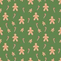 Christmas seamless pattern with gingerbread man and candy cane, with changeable background color. flat illustration for print and design vector