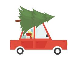 Christmas car delivering christmas tree and gifts. flat cartoon colorful illustration for greeting card and new year design vector