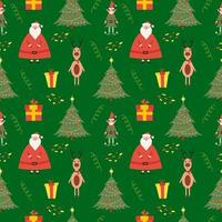 Christmas seamless colorful pattern with cute santa clause, little elf, tree and deer, with changeable background color. flat illustration vector