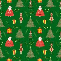 Christmas seamless colorful pattern with cute santa clause, little elf, tree and deer, with changeable background color. flat illustration vector