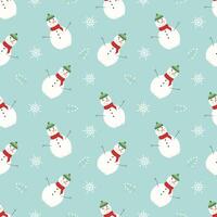 Winter seamless pattern with cute snowman in a knitted scarf and hat and snowflakes, with changeable background color. flat illustration vector