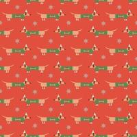 Christmas seamless pattern with cute and funny long dachshund wearing christmas sweater, hat and shoes and snowflakes vector