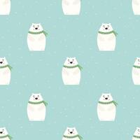 Winter seamless pattern with cute white bear in a knitted scarf under the falling snow, with changeable background color. flat illustration vector