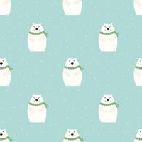 Winter seamless pattern with cute white bear in a knitted scarf under the falling snow, with changeable background color. flat illustration vector