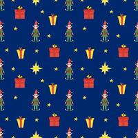 Christmas seamless pattern with cute little elf, stars and gifts, with changeable background color. flat illustration for print and design vector