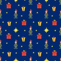 Christmas seamless pattern with cute little elf, stars and gifts, with changeable background color. flat illustration for print and design vector