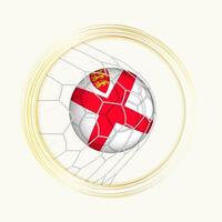 Jersey scoring goal, abstract football symbol with illustration of Jersey ball in soccer net. vector
