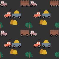 Farm transport seamless pattern Landscape background with tractors. Hand drawn design for print, wallpaper, kids clothes, fashion. vector