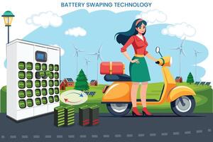 Battery swapping technology enables e-vehicles to exchange depleted batteries for fully charged ones vector