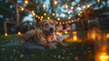 contento amigos relajarse con juguetón perro debajo cuerda luces a oscuridad foto