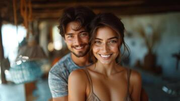 hermoso joven hombre con hermosa indio mujer en un acogedor interior foto