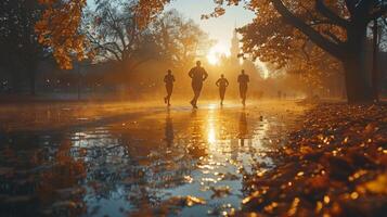 grupo de amigos disfrutando un Mañana empujoncito en otoño parque foto