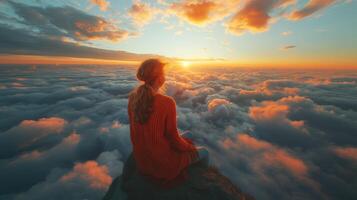 Young Woman in Orange Sweater Watching Sunrise Over Clouds photo