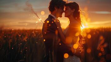 romántico puesta de sol Boda foto con novia y novio participación bengalas en un trigo campo