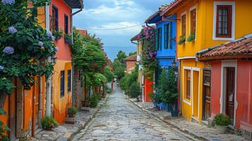 Colorful Old City Street View with Vibrant Buildings photo