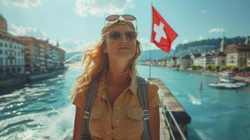 Young Female Tourist Enjoying Sunny Day in Swiss City photo