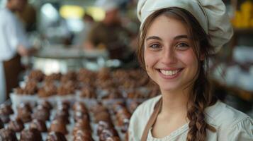 Young Female Chef with Trays of Chocolates in Patisserie photo