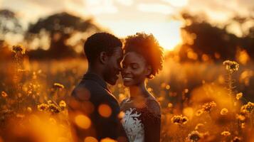 africano Pareja abrazando en puesta de sol flor campo foto